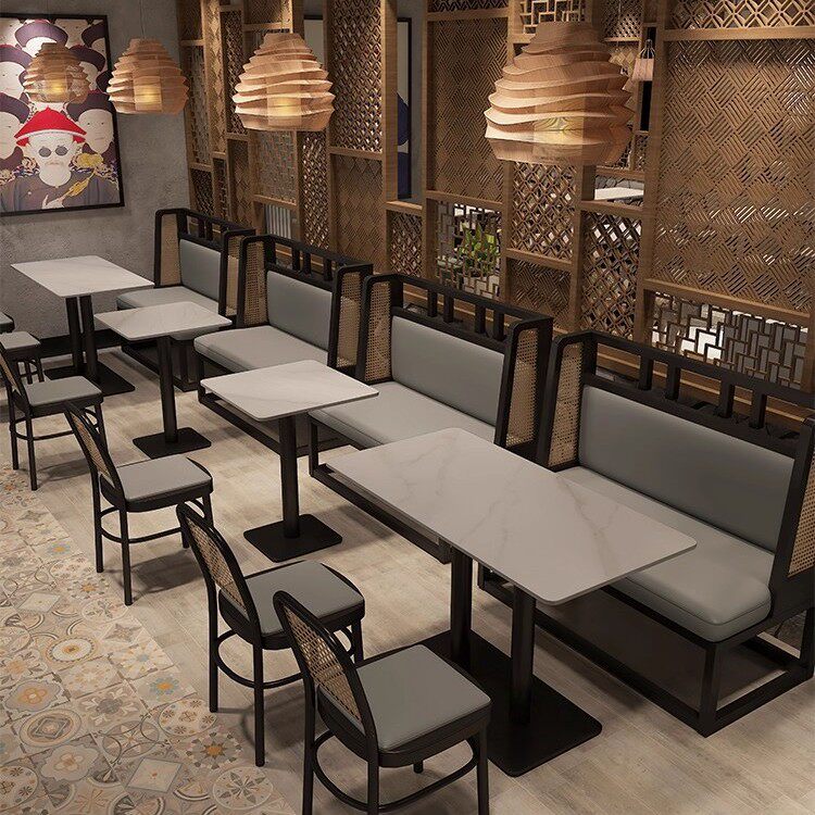东南亚酒店西餐厅岩板编藤桌椅组合餐馆餐饮商用茶楼餐厅卡座沙发