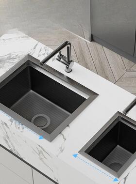 水QRQ槽吧台U黑色小SS304台米粒压纹隐形单槽带盖板岛西厨隐藏式