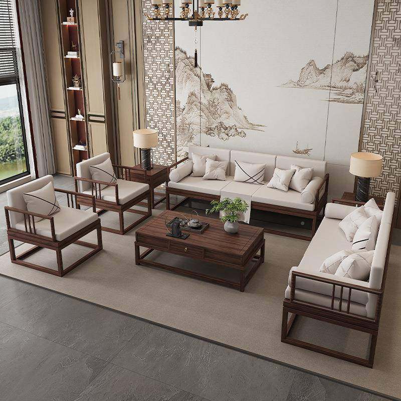 新中式实木沙木发汉几床原茶几方组合别墅客厅罗家用实木沙发9974