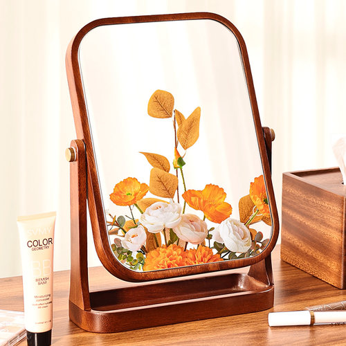 高端实木镜子高清化妆镜立式桌面镜旋转方形木框中式覆古化妆镜子