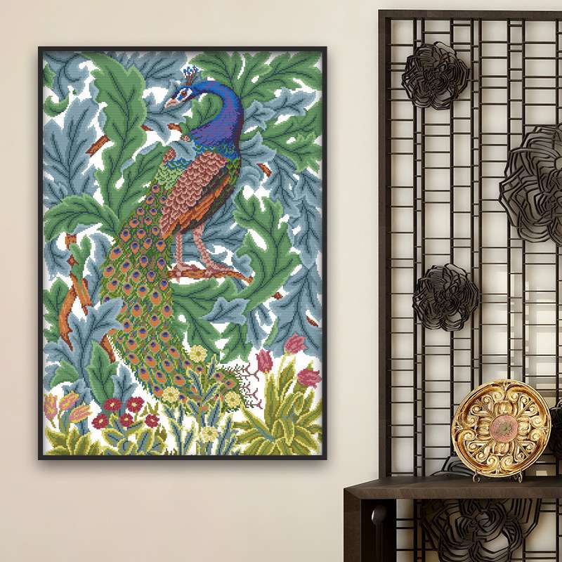 新款布艺十字绣美丽孔雀大幅竖版客厅装饰画中国风工艺品一件代发图片