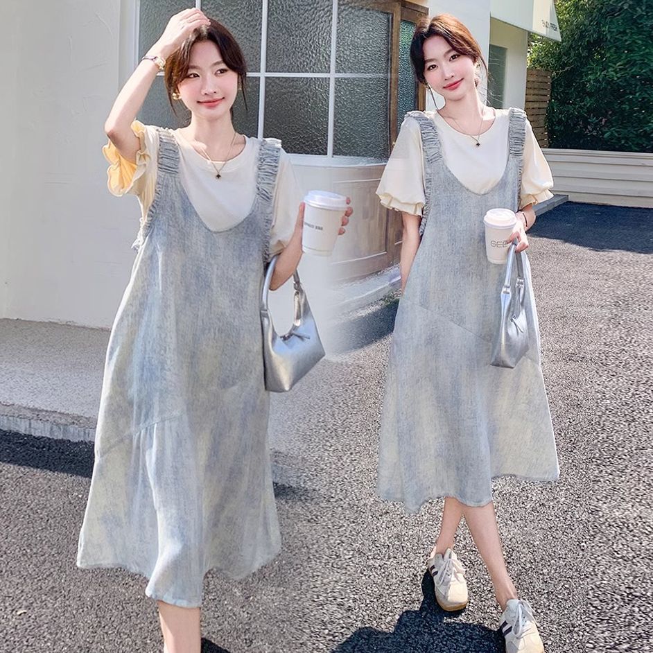 万类原创孕妇套装夏装新款时尚韩版气质中长款扎染背带裙显瘦短袖