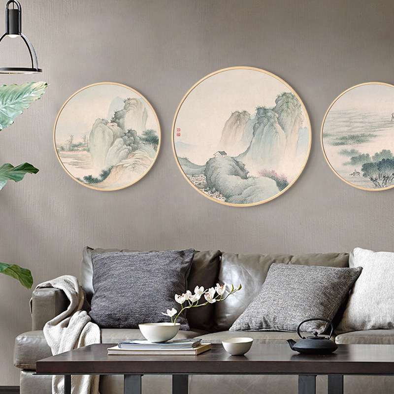 现代新中式客厅装饰画 沙发背景墙餐厅壁画 水墨山水国画圆形挂画图片