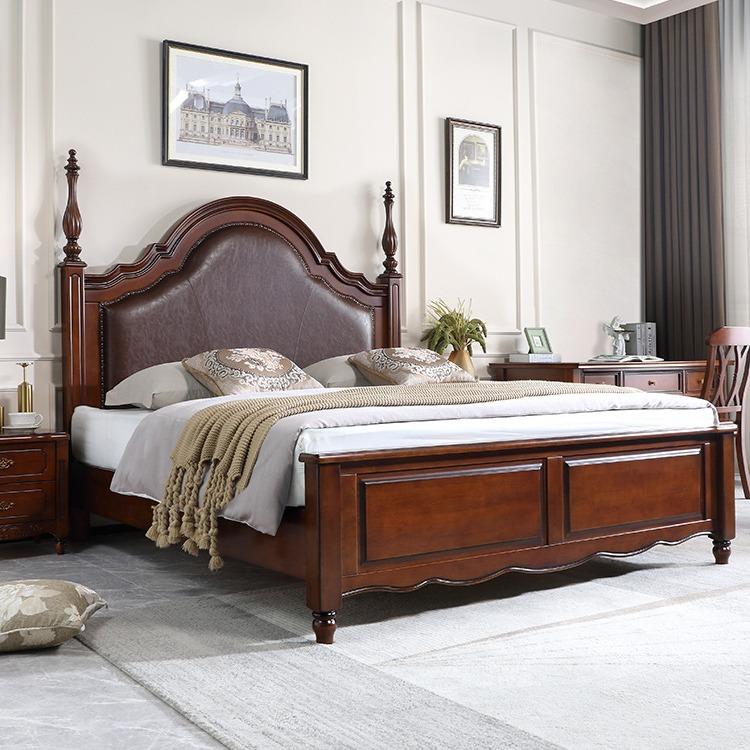 美式实木大床经典罗马柱软靠主卧大气复古风深棕1.8M双人床储物床