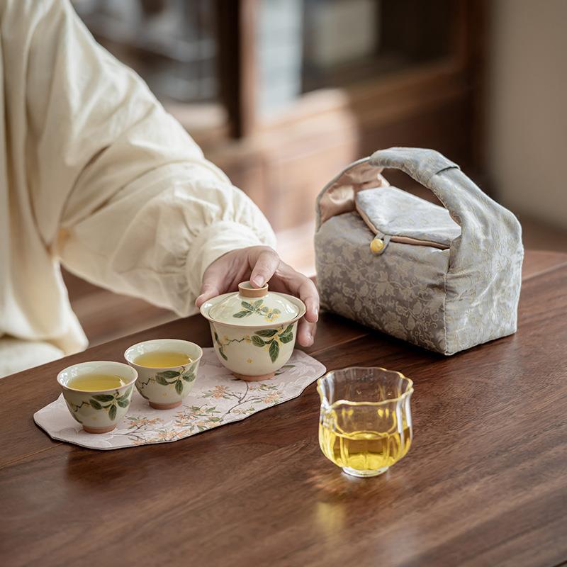 新中式便携旅行茶具一碗两杯收纳袋织锦户外手提棉麻布包茶杯盖碗