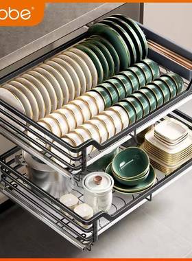 W8304不锈钢拉篮厨房橱柜碗篮双层抽屉式调料柜厨柜碟碗柜拉