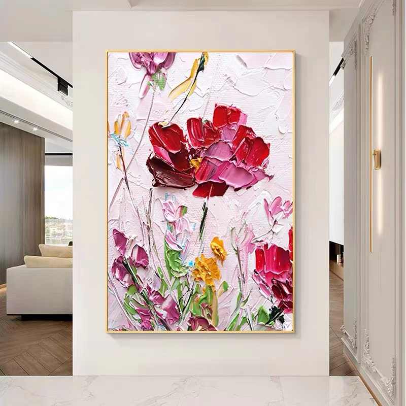 纯手绘油画竖版中式花卉抽象牡丹立体厚油肌理客厅装饰画玄关挂画图片