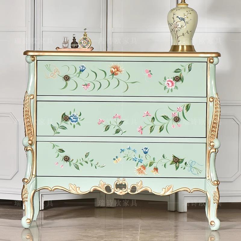 美式乡村复古彩绘大容量收纳柜入户玄关三斗柜抽屉储物浅绿色边柜
