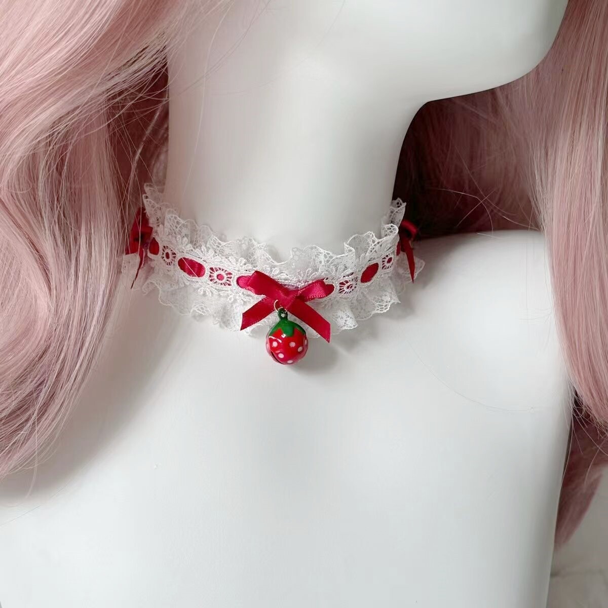Little Fortune手作lolita草莓项链洛丽塔颈饰蕾丝红色丝带颈链