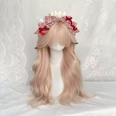 Little Fortune手作红色条纹格子蝴蝶结草莓发箍lolita发夹kc头饰