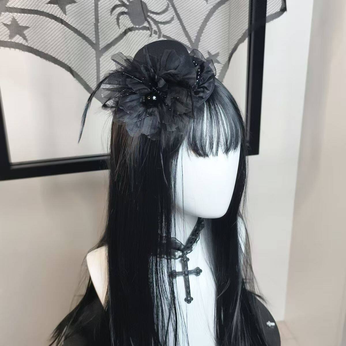 Little Fortune自制黑色lolita黑色羽毛小礼帽洛丽塔头饰小物边夹