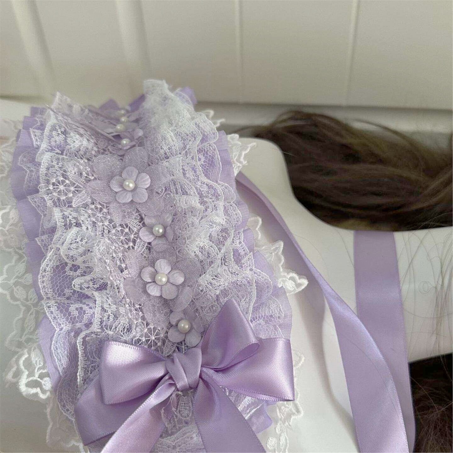 Little Fortune手作lolita紫藤花白蓝紫色蕾丝蝴蝶结发带发饰头饰