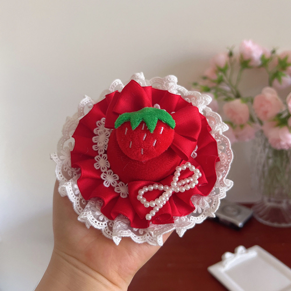 Little Fortune手作lolita草莓蛋糕小礼帽洛丽塔红色蝴蝶结边夹
