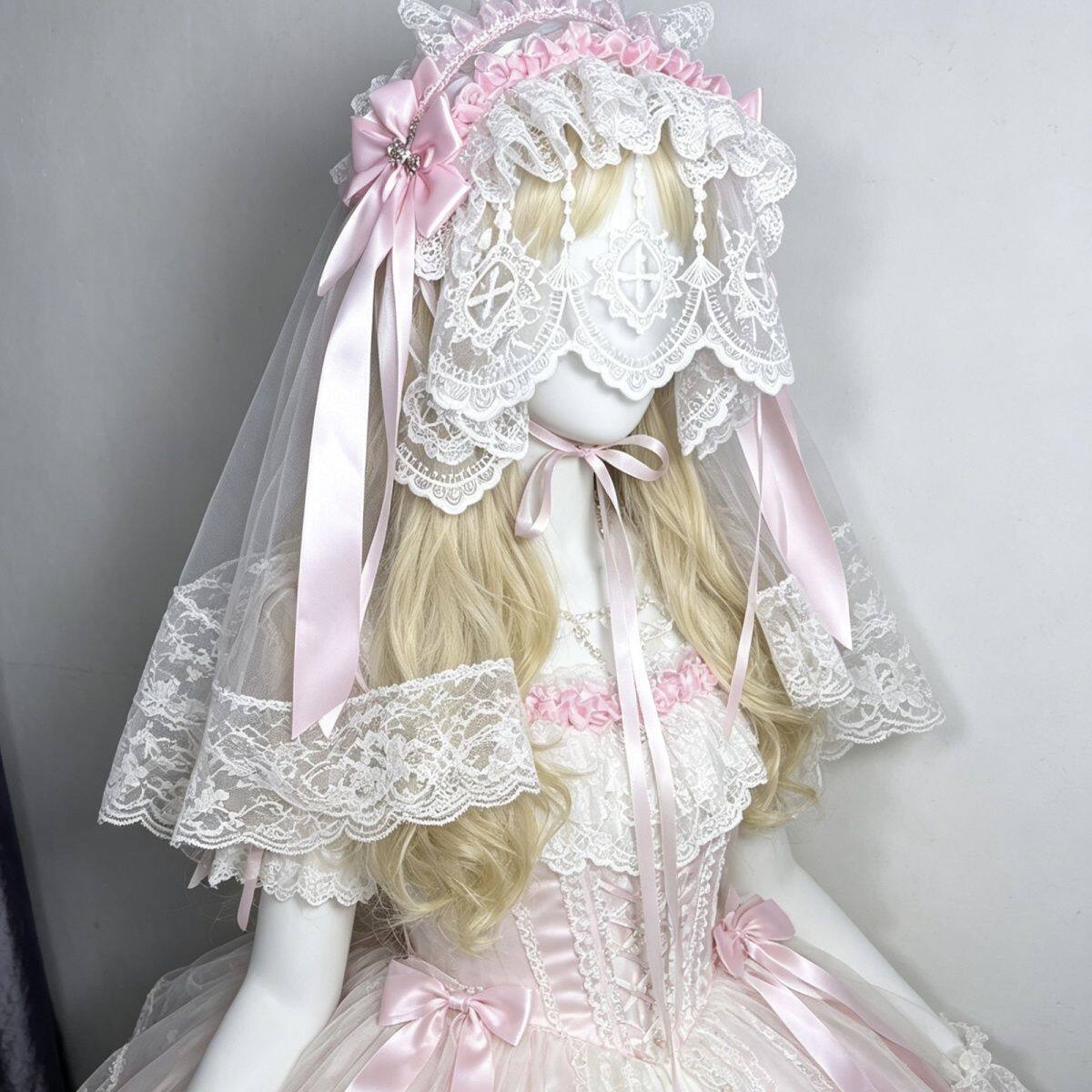 LittleFortune手作粉色蓝色重工华丽款lolita发带头纱bnt头饰发夹