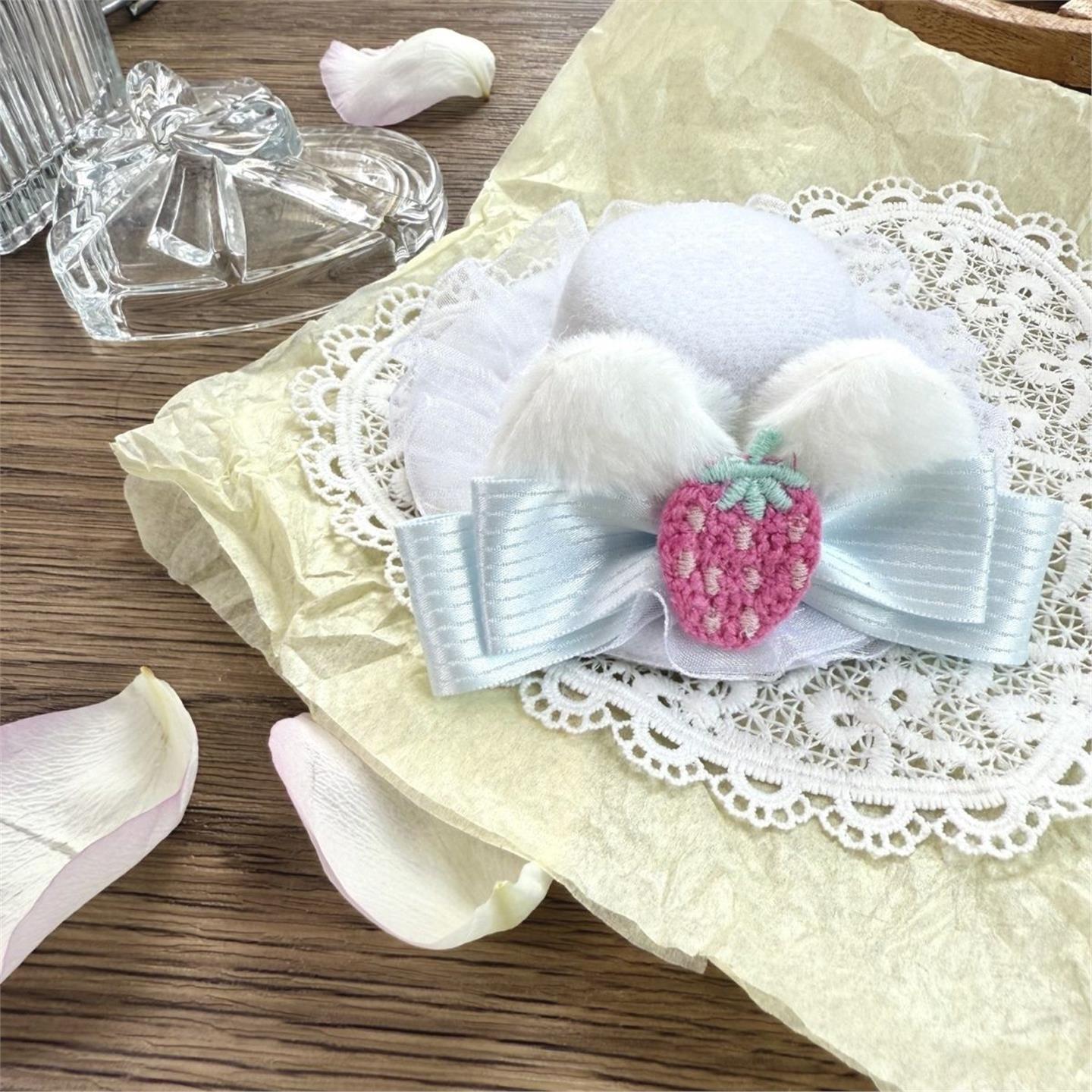 Little Fortune手作Lolita小礼帽奶白毛绒兔耳猫耳草莓刺绣发夹