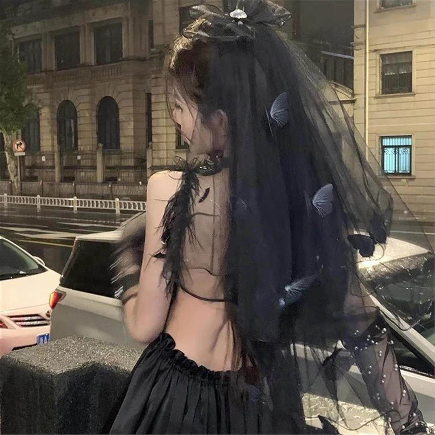 黑白双色lolita花嫁华丽款头纱