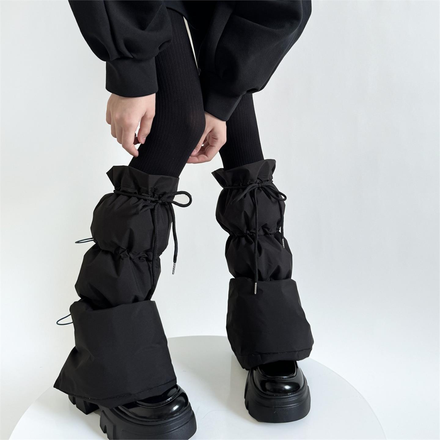 冬季加厚抽绳防滑羽绒服腿套灰色小腿防风防寒黑色个性保暖靴套女