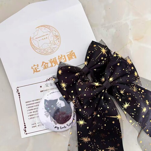 Little Fortune手作烫金星座lolita小物黑金蝴蝶结发夹双马尾头饰