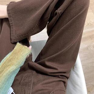 棕色高腰胖mm宽松直筒裤 大码 女秋冬新款 阔腿牛仔裤 美拉德咖色窄版