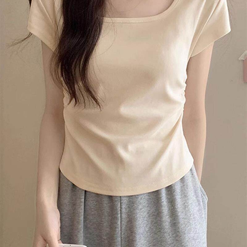 方领短袖t恤女款春夏2026新款修身打底衫辣妹设计感短款正肩上衣