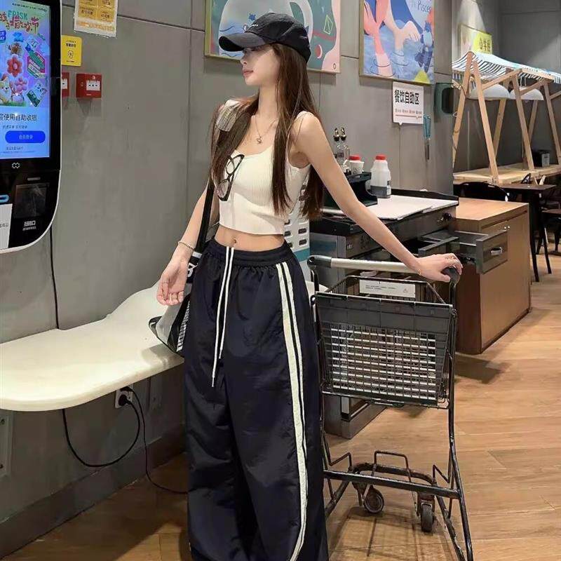 美式运动裤女夏季2026新款高腰宽松阔腿裤休闲侧条纹两穿速干裤子