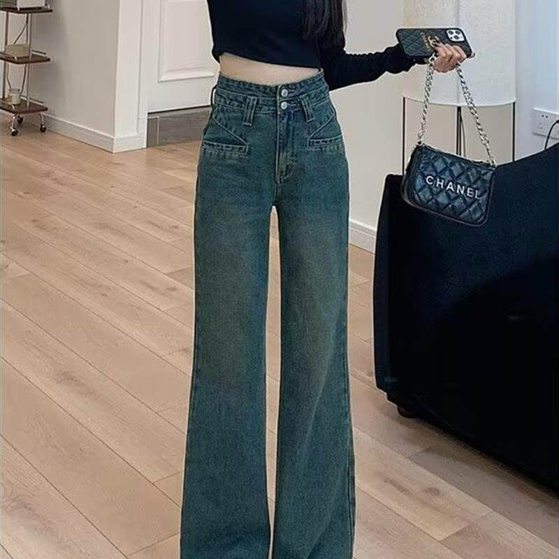 美式复古窄版牛仔裤女春季新款高腰显瘦宽松百搭微喇垂感阔腿长裤