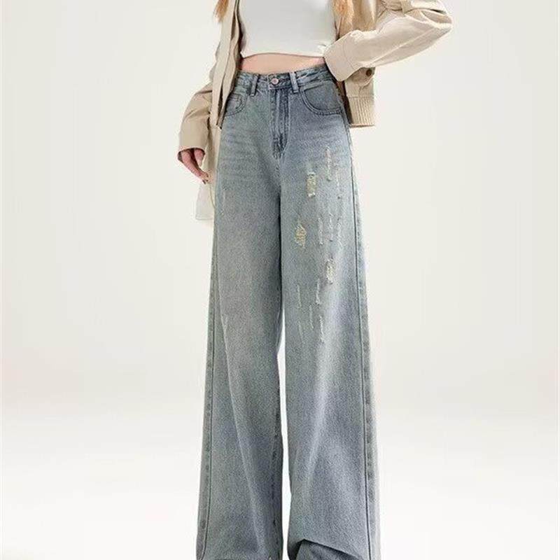 美式复古破洞牛仔裤女春季新款显瘦直筒垂感抓痕阔腿拖地长裤子潮