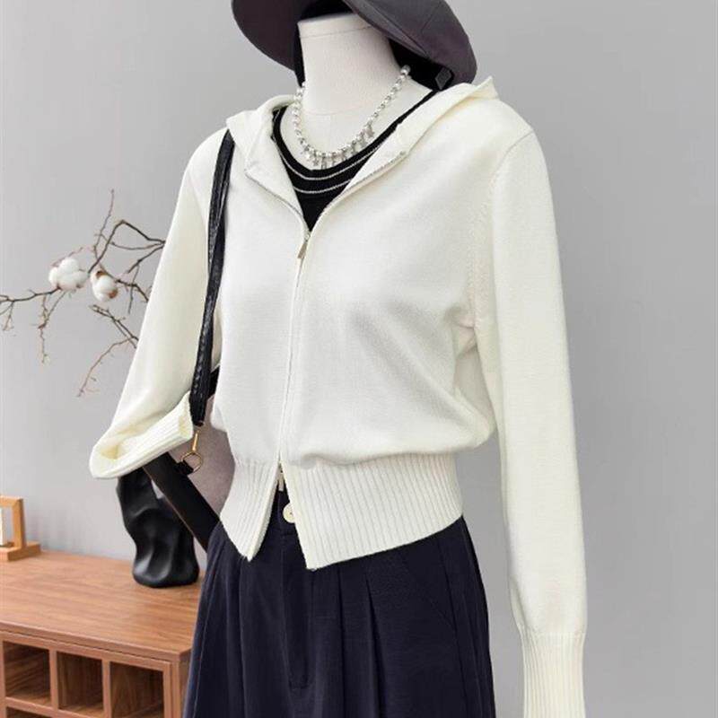 拉链连帽针织衫女白色毛衣开衫内搭打底上衣卫衣帽衫2026春款女装
