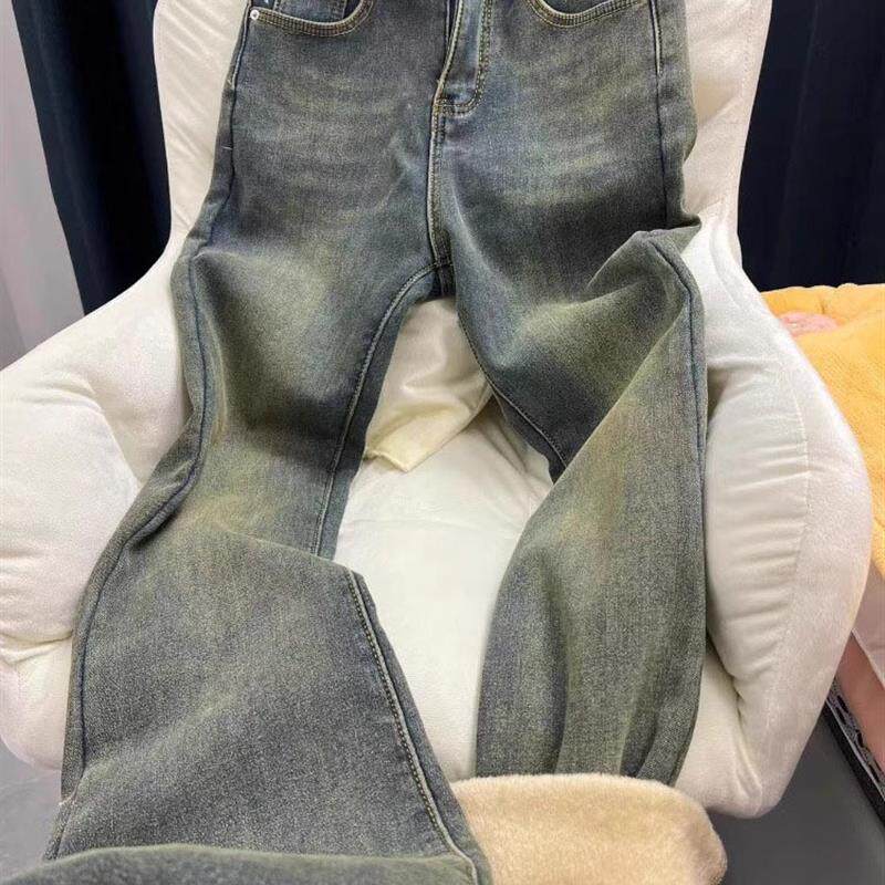 美式复古加绒加厚微喇牛仔裤女冬季大码胖mm高腰遮胯梨型身材裤子