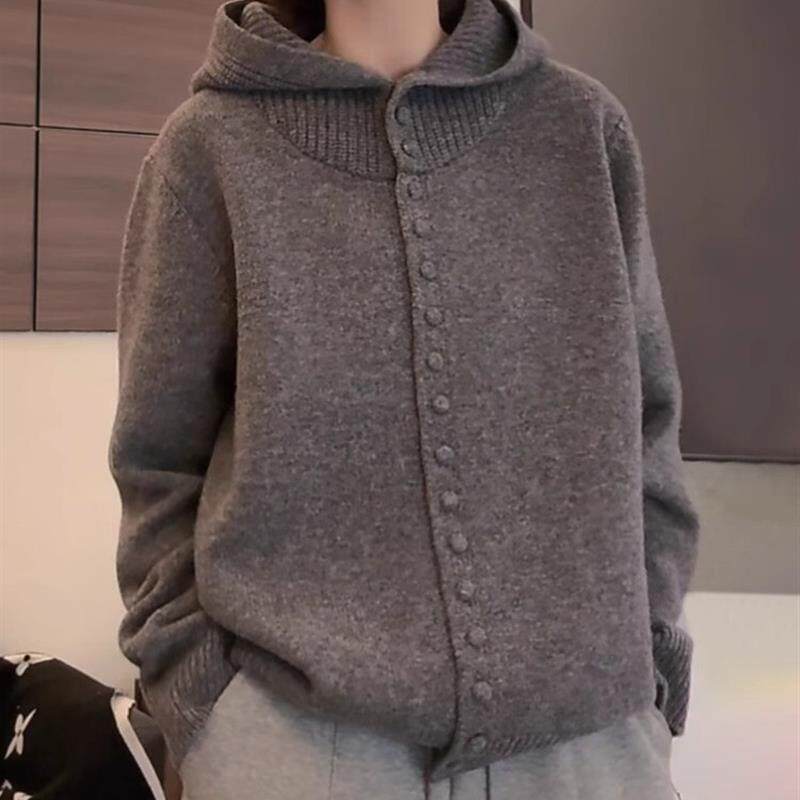 灰色连帽毛衣女秋冬季慵懒风软糯宽松洋气针织开衫高级感外穿上衣