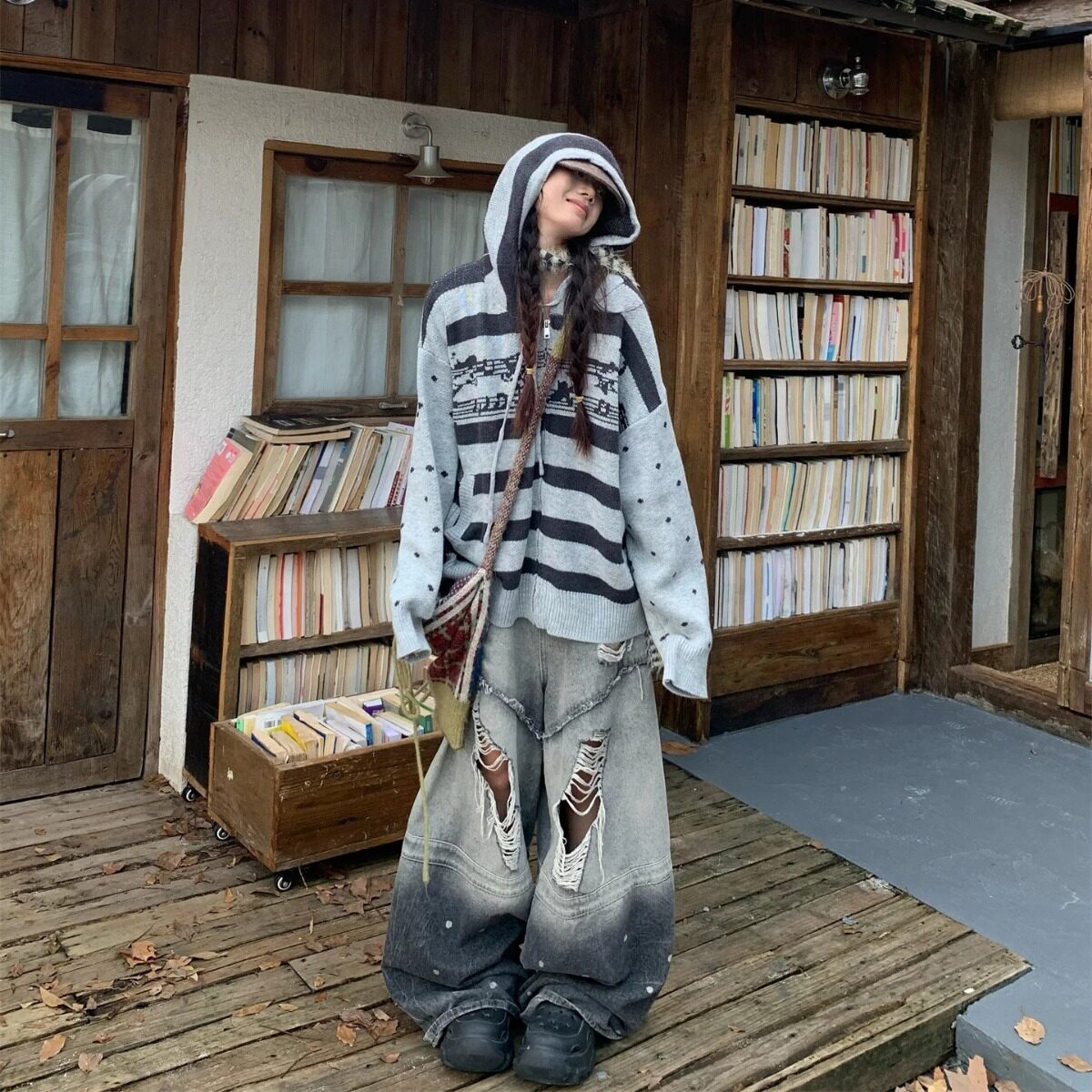 原版重磅鹿毛绒废土风连帽针织衫男女音符提花条纹慵懒毛衣外
