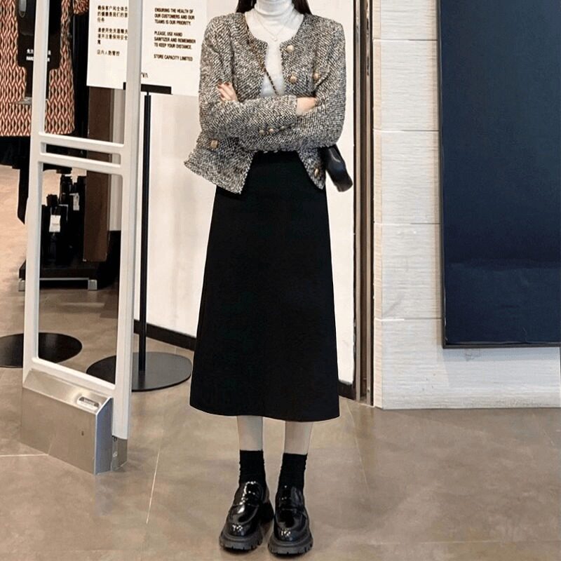 百搭高腰半身裙女复古时尚韩版开叉灯芯绒秋冬休闲潮牌黑色