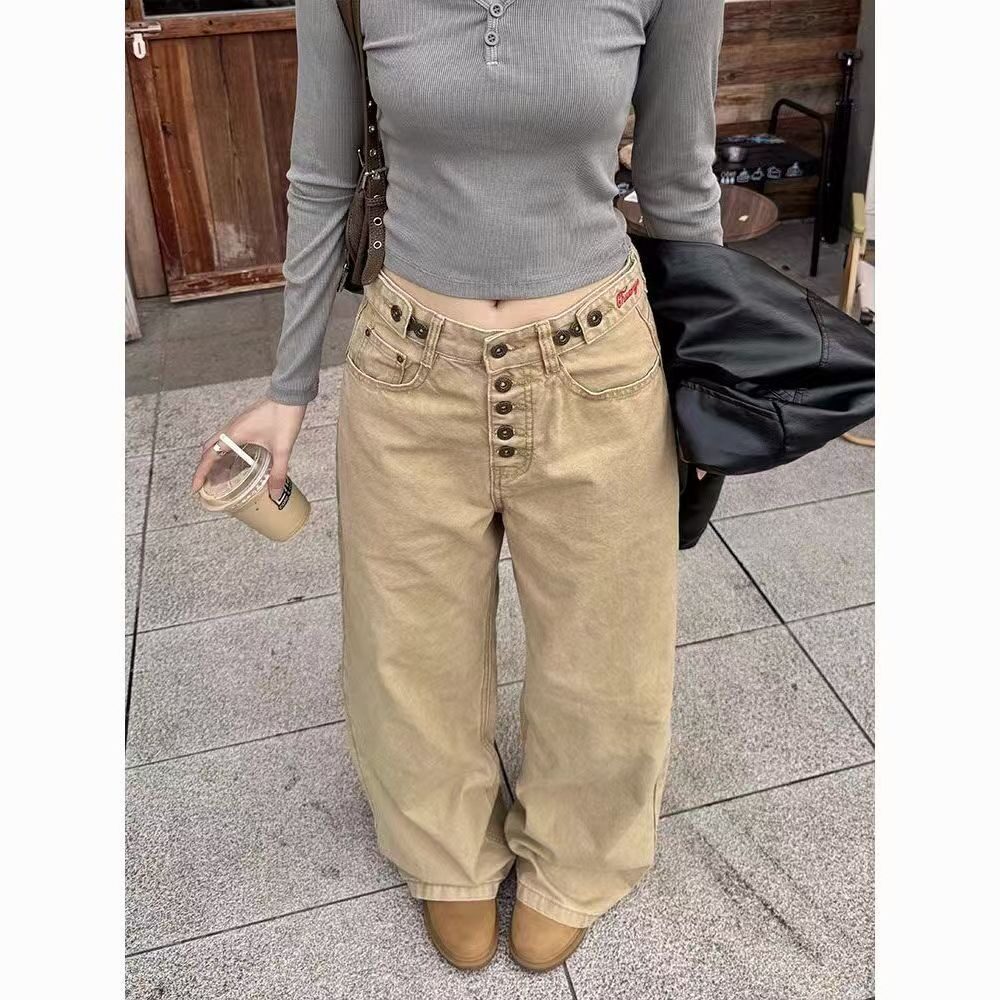 美式复古做旧直筒牛仔裤女春秋新款高腰多排扣设计显瘦休闲长裤子