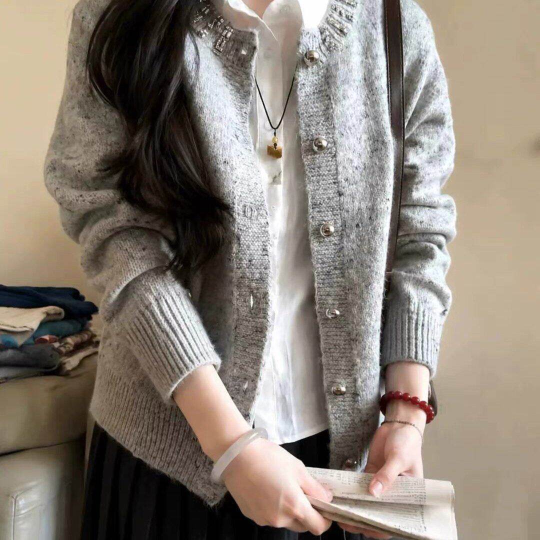 miu系灰色针织衫秋季女款