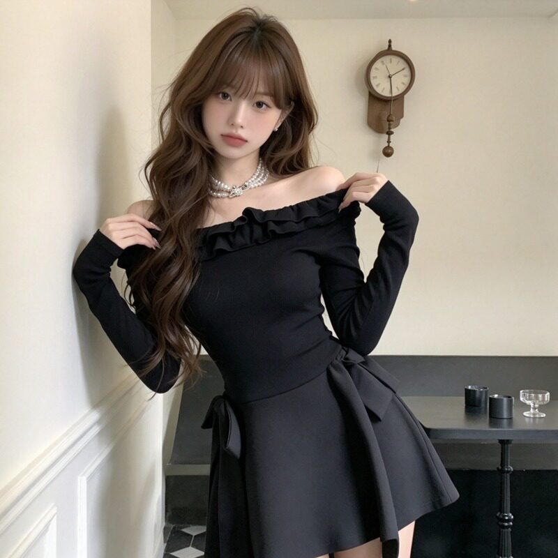 法式财阀千金小香风一字肩连衣裙女春季收腰显瘦生日赫本风小黑裙