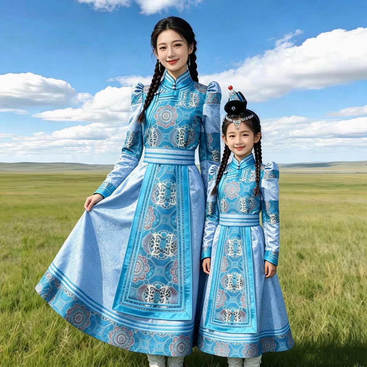 蒙古族亲子女士儿童蒙古袍舞蹈演出服长款连衣裙民族风舞台装日常