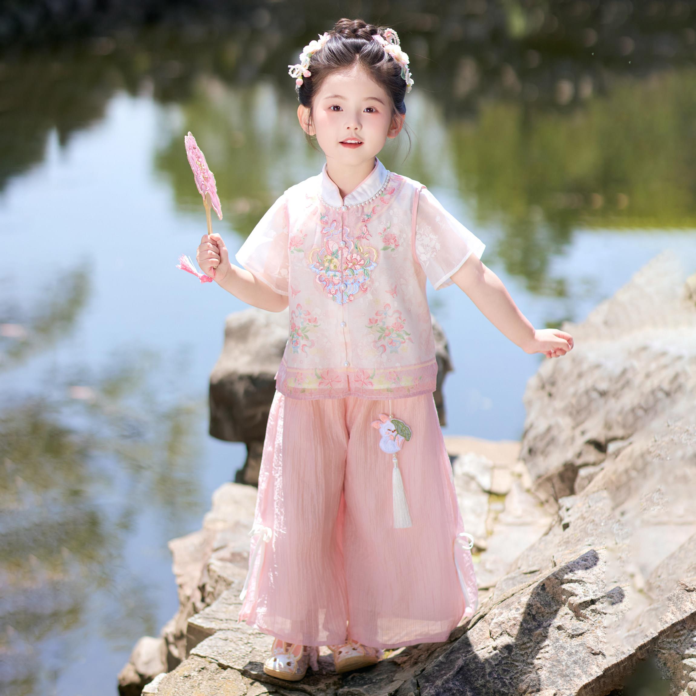 汉服女童2026夏季新款儿童新中式古风裤子套装女孩国风洋派两件套