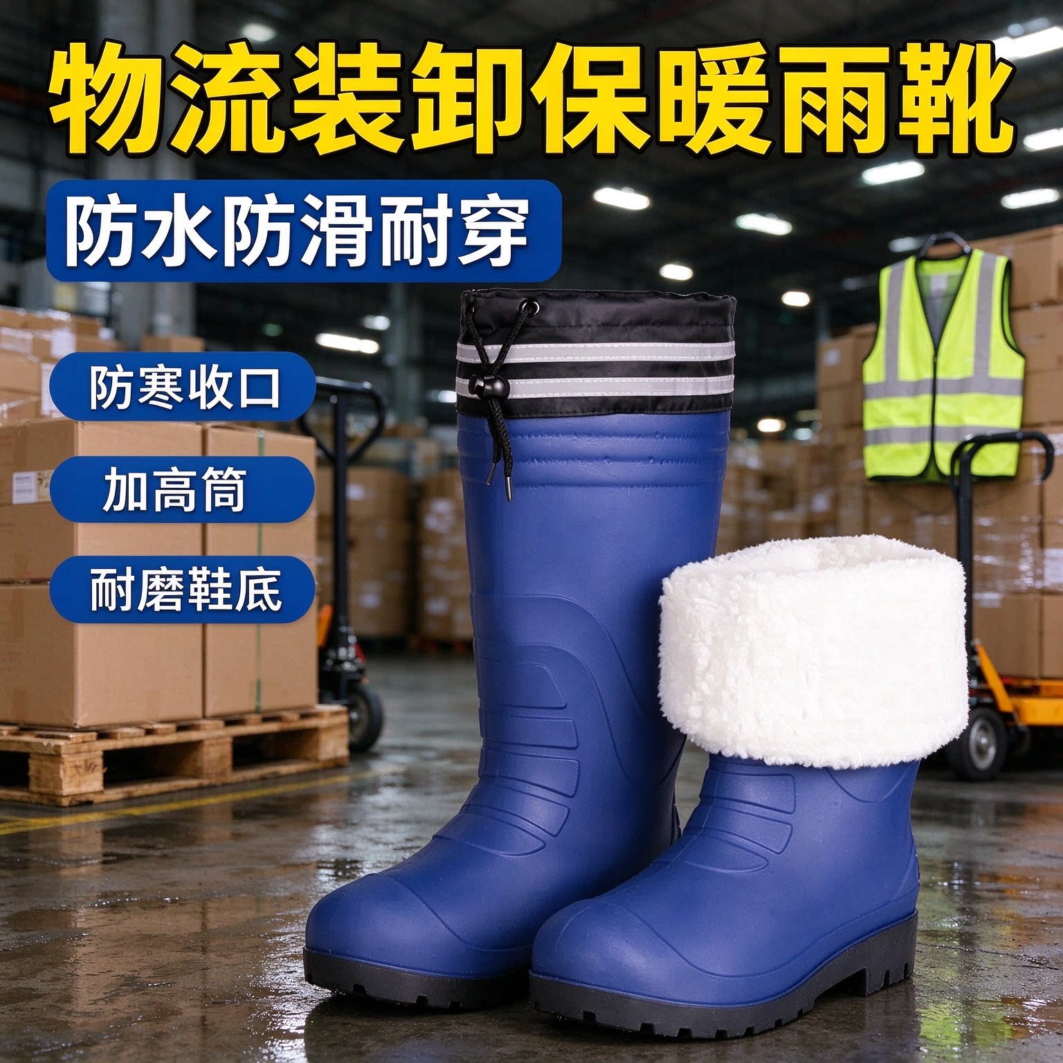 大码加宽雨靴加绒保暖防水雨鞋工地防油防酸碱加厚防滑高筒胶靴