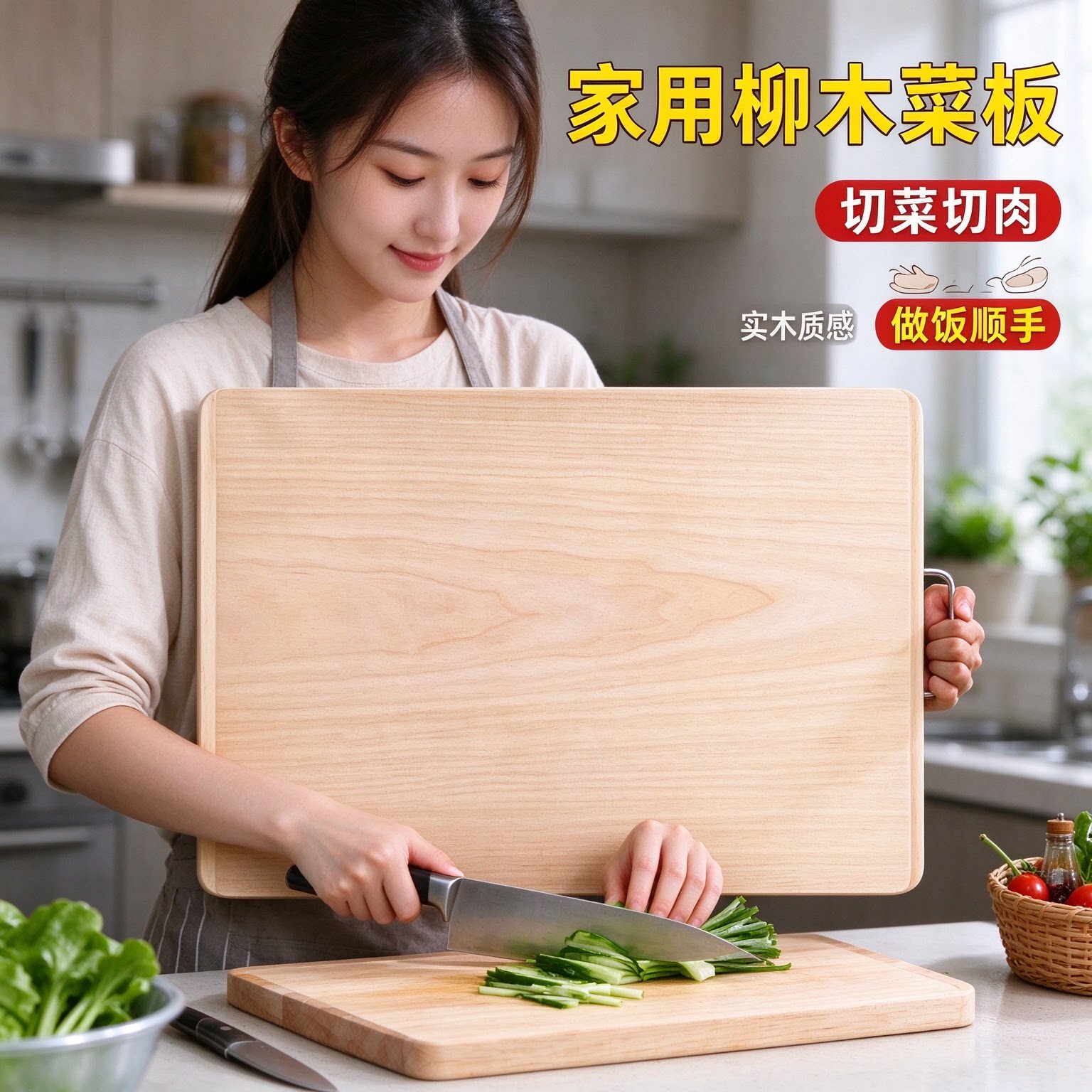 实木整木柳木菜板家用加厚长方形砧板厨房切菜板剁肉擀面原木案板