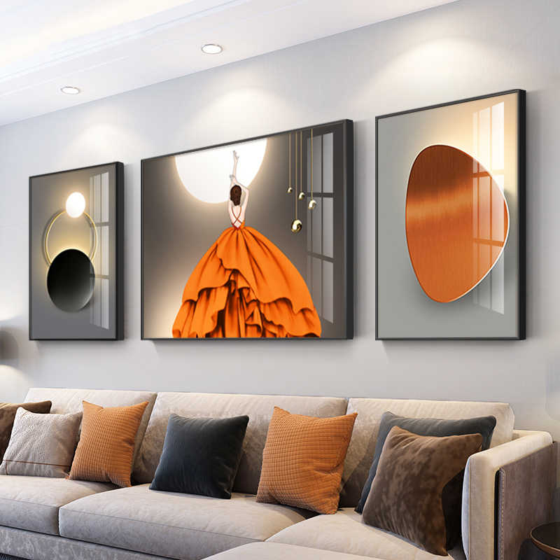 人物客厅装饰画现代简约轻奢沙发背景墙壁画北欧大气晶瓷三联挂画图片