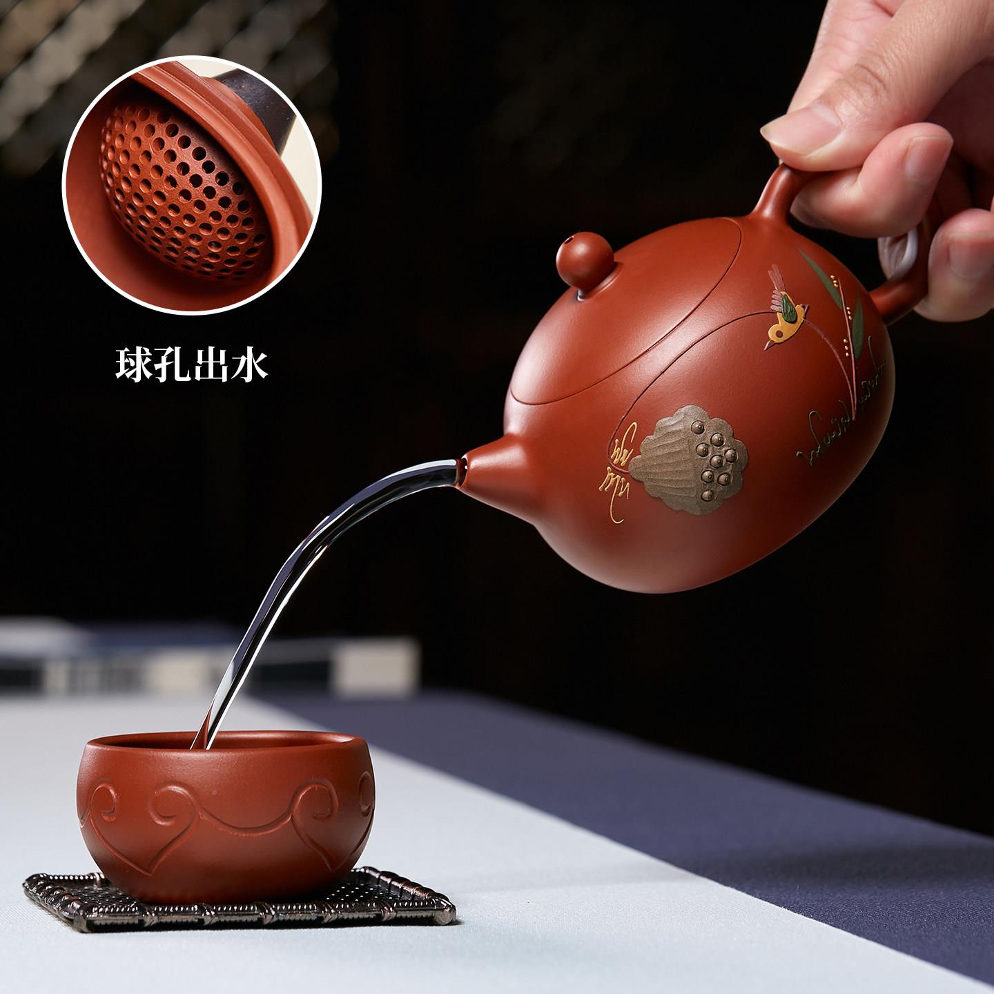 宜兴紫砂壶家手工西施壶绘zhq-shf-名莲蓬花式鸟中大容量茶壶朱彩
