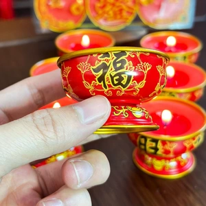 无烟无味酥油灯喜庆蜡烛红色铁壳招财福旺家用过年过节供佛上供