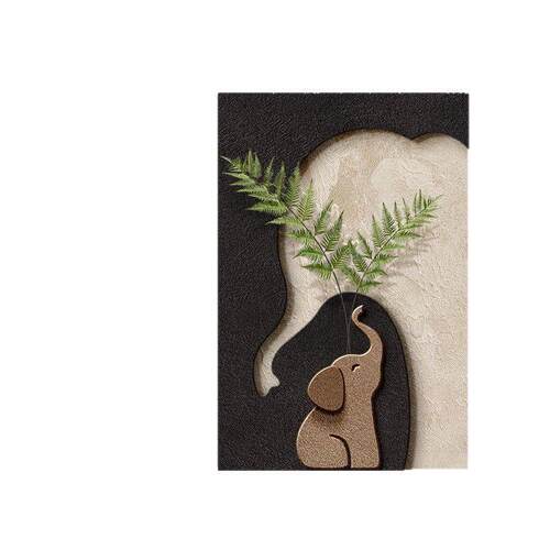 中古风大象进门玄关装饰画立体砂岩绿植实物画档客厅背景墙挂画