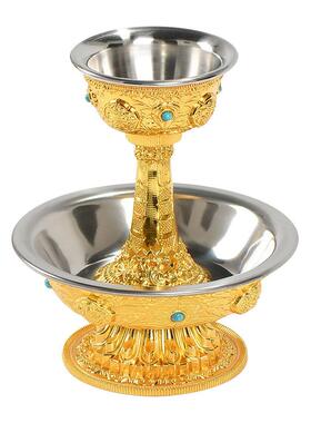 合金电镀护法杯供水杯藏式八吉祥双层供杯礼佛供具金属工艺品
