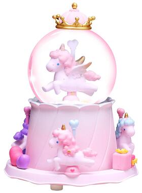 梦幻旋转木马水晶球音乐盒少女心独角兽八音盒摆件卡通发光水球