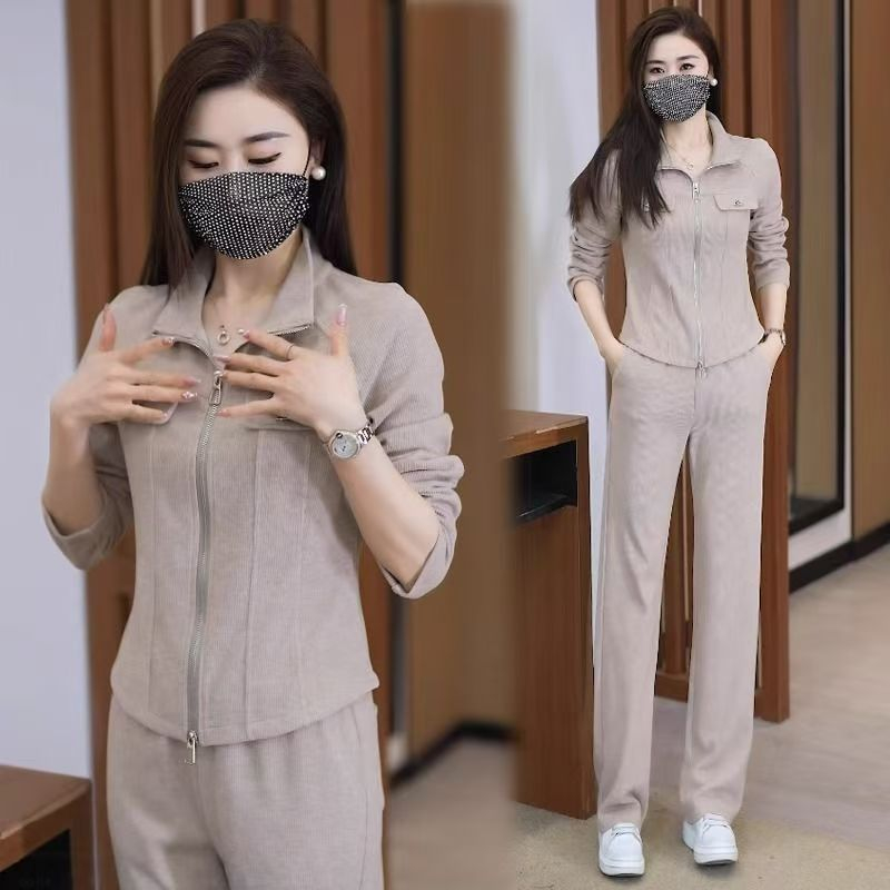 显瘦立领开衫阔腿裤两件套