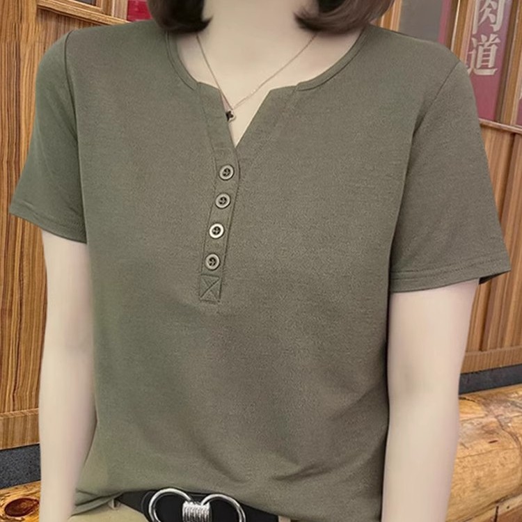 夏季新款妈妈短袖t恤女中年女装洋气V领显瘦大码减龄小衫气质上衣