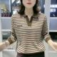 t恤女2025春装 新款 秋衣大码 条纹长袖 上衣中老年人妈妈翻领打底衫