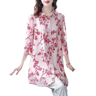 2024新款衬衫七分袖中年妈妈雪纺衫女士上衣大码宽松洋气印花女装
