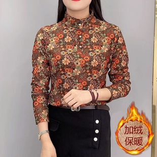 秋冬季加绒保暖碎花打底衫中老年女装长袖立领宽松大码小衫妈妈装